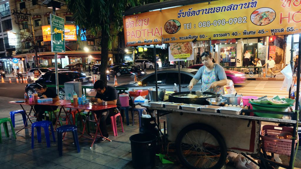 pad thai street food stall Bangkok night