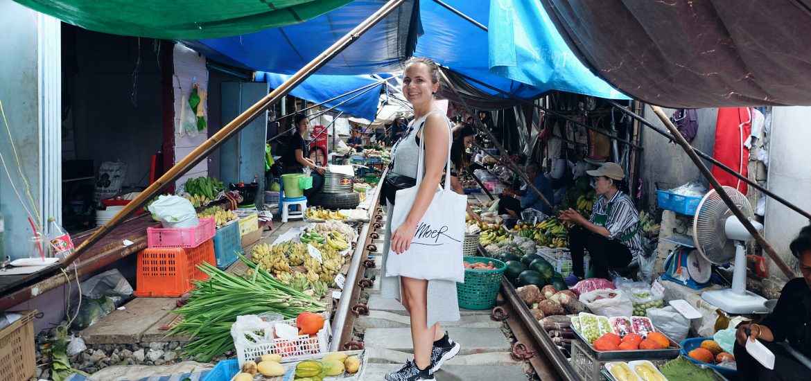 self portret Maeklong railway market Thailand